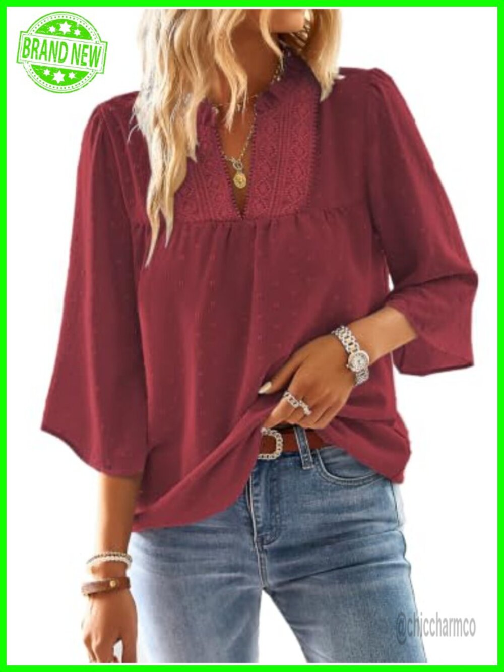 Womens Boho Flowy Tunic Top Crochet Lace V-Neck 3/4 Sleeve Blouse